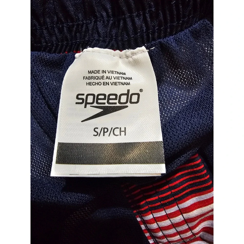 NWT Speedo Mens Red White Blue Striped Swim Trunks‎ Board Shorts Small